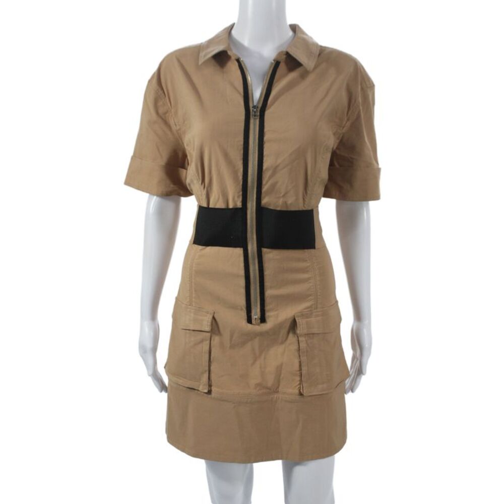Maeve Anthropologie Women Shirt Dress Beige Short Sleeve Collared Zip Size L